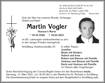Traueranzeige von Martin Vogler von Allgäuer Anzeigeblatt