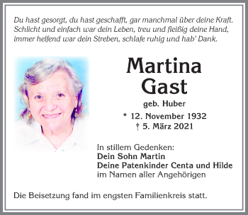 Traueranzeige von Martina Gast von Allgäuer Zeitung,Kempten