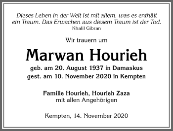 Traueranzeige von Marwan Hourieh von Allgäuer Zeitung,Kempten