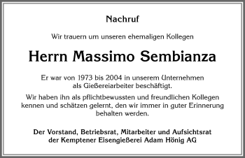 Traueranzeige von Massimo Sembianza von Allgäuer Zeitung,Kempten