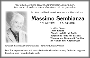 Traueranzeige von Massimo Sembianza von Allgäuer Zeitung,Kempten