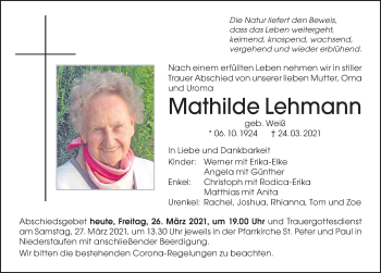 Traueranzeige von Mathilde Lehmann von Der Westallgäuer