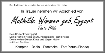 Traueranzeige von Mathilde Wimmer von Allgäuer Zeitung,Kempten