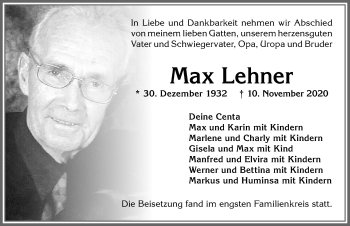 Traueranzeige von Max Lehner von Allgäuer Zeitung, Kaufbeuren/Buchloe