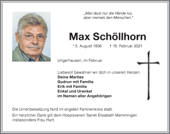 Traueranzeige von Max Schöllhorn von Memminger Zeitung