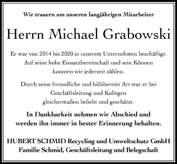 Traueranzeige von Michael Grabowski von Allgäuer Zeitung, Kaufbeuren/Buchloe