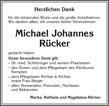 Traueranzeige von Michael Johannes Rücker von Allgäuer Zeitung,Kempten
