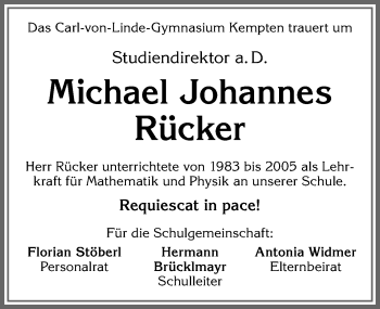 Traueranzeige von Michael Johannes Rücker von Allgäuer Zeitung,Kempten