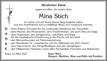 Traueranzeige von Mina Stich von Allgäuer Zeitung, Füssen