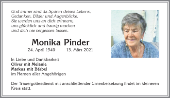 Traueranzeige von Monika Pinder von Allgäuer Zeitung