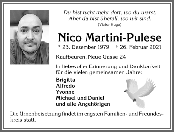 Traueranzeige von Nico Martini-Pulese von Allgäuer Zeitung, Kaufbeuren/Buchloe