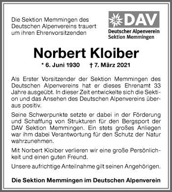 Traueranzeige von Norbert Kloiber von Memminger Zeitung