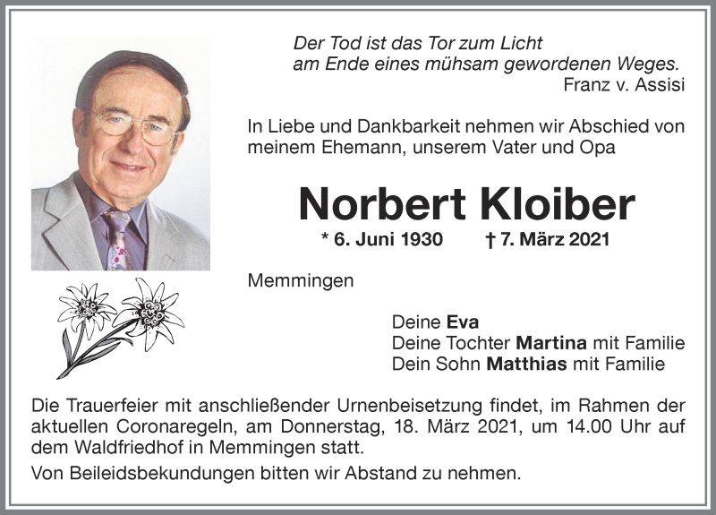 Traueranzeige für Norbert Kloiber vom 10.03.2021 aus Memminger Zeitung