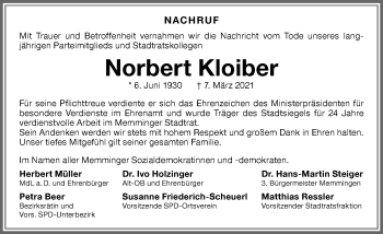 Traueranzeige von Norbert Kloiber von Memminger Zeitung
