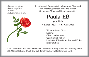 Traueranzeige von Paula Eß von Allgäuer Zeitung,Kempten