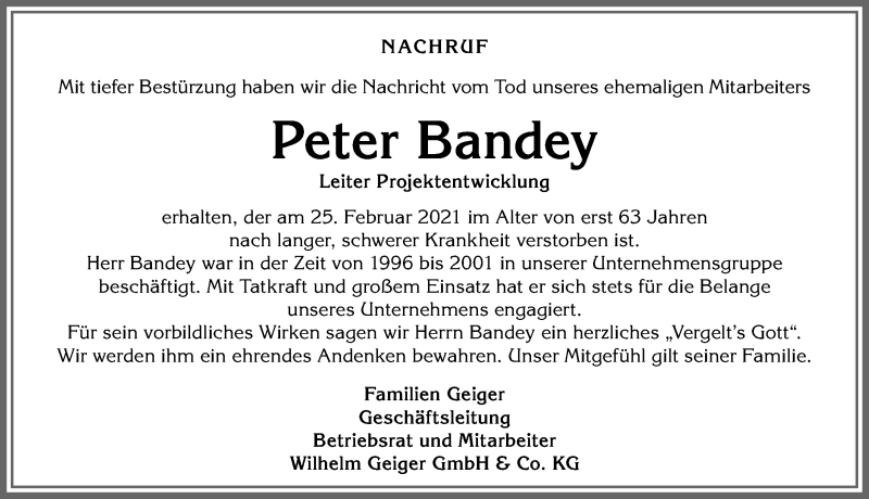 Traueranzeige für Peter Bandey vom 04.03.2021 aus Allgäuer Anzeigeblatt