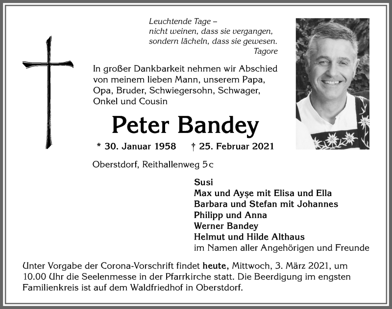  Traueranzeige für Peter Bandey vom 03.03.2021 aus Allgäuer Anzeigeblatt