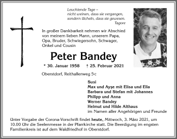 Traueranzeige von Peter Bandey von Allgäuer Anzeigeblatt