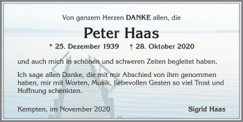 Traueranzeige von Peter Haas von Allgäuer Zeitung,Kempten