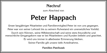 Traueranzeige von Peter Happach von Allgäuer Zeitung, Kaufbeuren/Buchloe