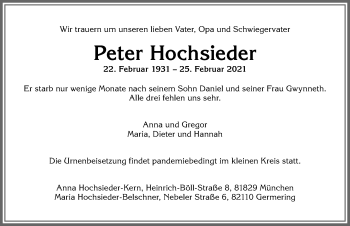 Traueranzeige von Peter Hochsieder von Allgäuer Zeitung,Kempten