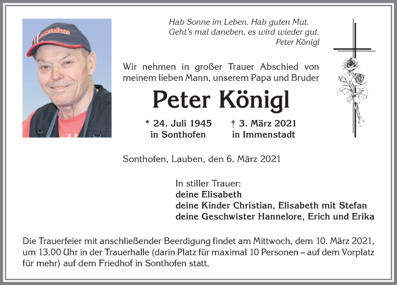  Traueranzeige für Peter Königl vom 06.03.2021 aus Allgäuer Anzeigeblatt