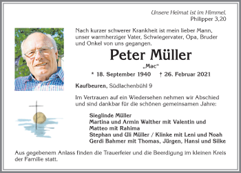 Traueranzeige von Peter Müller von Allgäuer Zeitung, Kaufbeuren/Buchloe