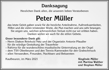 Traueranzeige von Peter Müller von Allgäuer Zeitung, Kaufbeuren/Buchloe
