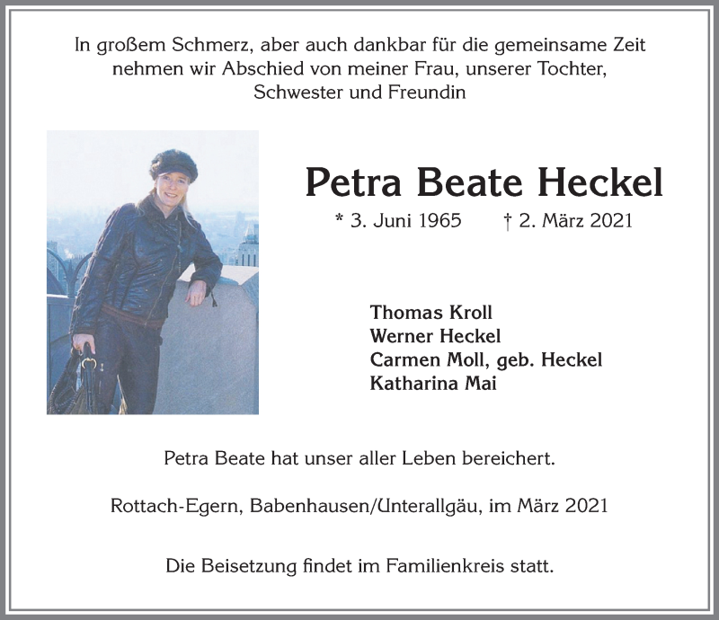  Traueranzeige für Petra Beate Heckel vom 06.03.2021 aus Memminger Zeitung