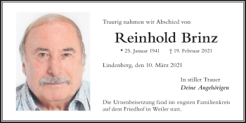 Traueranzeige von Reinhold Brinz von Der Westallgäuer