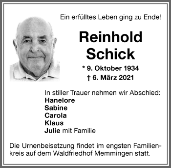 Traueranzeige von Reinhold Schick von Memminger Zeitung