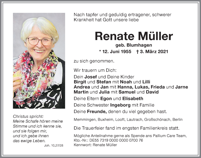  Traueranzeige für Renate Müller vom 09.03.2021 aus Memminger Zeitung