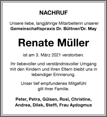 Traueranzeige von Renate Müller von Memminger Zeitung