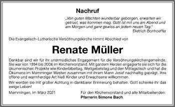 Traueranzeige von Renate Müller von Memminger Zeitung
