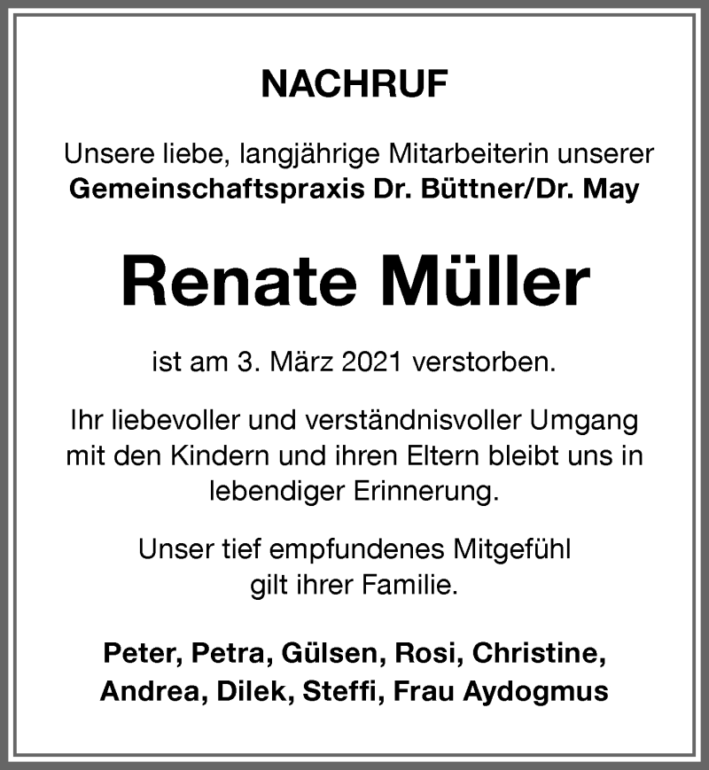  Traueranzeige für Renate Müller vom 11.03.2021 aus Memminger Zeitung