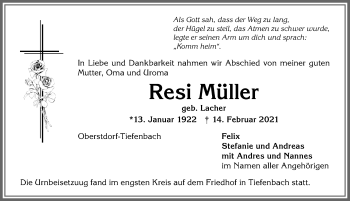 Traueranzeige von Resi Müller von Allgäuer Anzeigeblatt