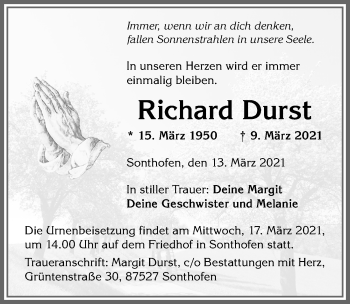 Traueranzeige von Richard Durst von Allgäuer Anzeigeblatt