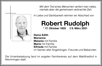 Traueranzeige von Robert Rudolph von Memminger Zeitung