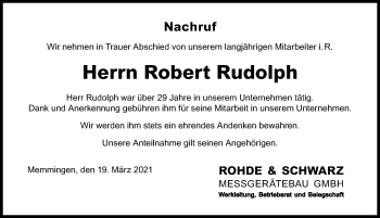 Traueranzeige von Robert Rudolph von Memminger Zeitung