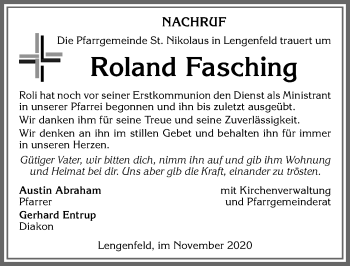 Traueranzeige von Roland Fasching von Allgäuer Zeitung, Kaufbeuren/Buchloe