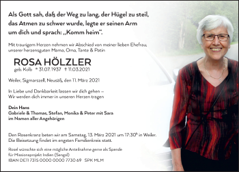 Traueranzeige von Rosa Hölzler von Der Westallgäuer