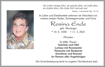 Traueranzeige von Rosina Ende von Allgäuer Zeitung, Füssen