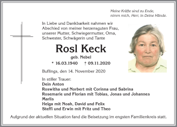 Traueranzeige von Rosl Keck von Allgäuer Anzeigeblatt