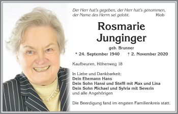 Traueranzeige von Rosmarie Junginger von Allgäuer Zeitung, Kaufbeuren/Buchloe