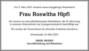 Traueranzeige von Roswitha Hipfl von Allgäuer Anzeigeblatt