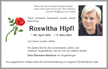 Traueranzeige von Roswitha Hipfl von Allgäuer Zeitung