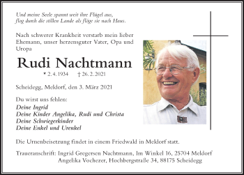 Traueranzeige von Rudi Nachtmann von Der Westallgäuer