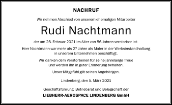 Traueranzeige von Rudi Nachtmann von Der Westallgäuer