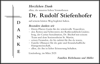 Traueranzeige von Rudolf Stiefenhofer von Der Westallgäuer