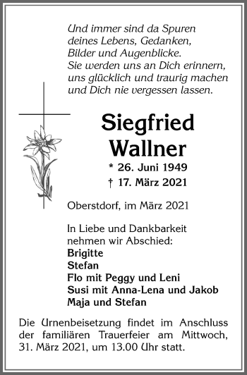 Traueranzeige von Siegfried Wallner von Allgäuer Anzeigeblatt